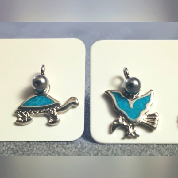 Earrings Turtle & Bird Shapes (2) Pair Silver & Blue - Picture 2 of 3